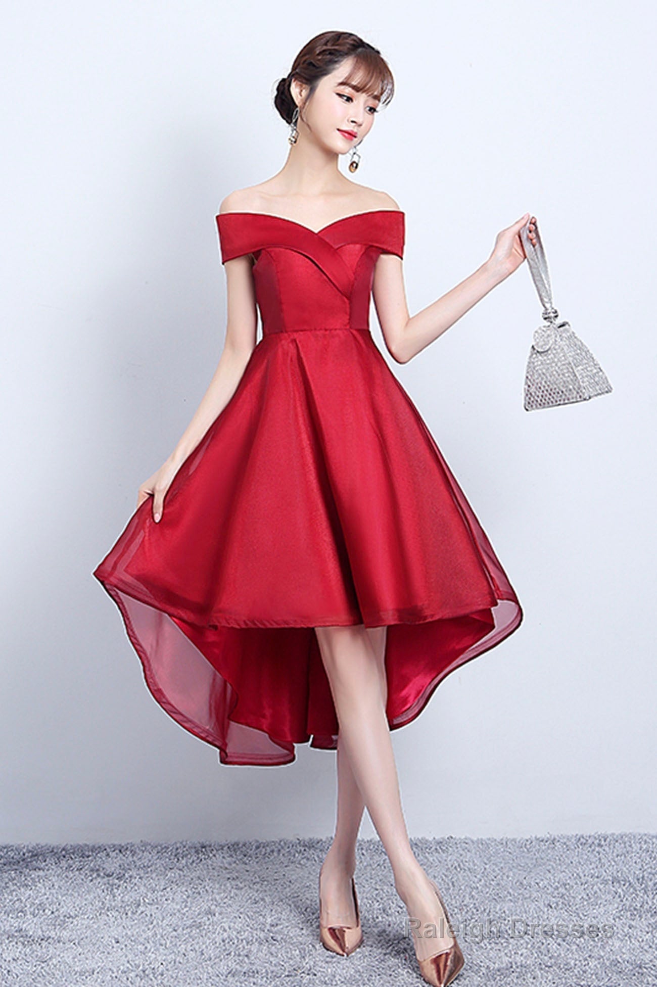 Red V-Neck Tulle High Low Prom Dress, Off The Shoulder Party Dress