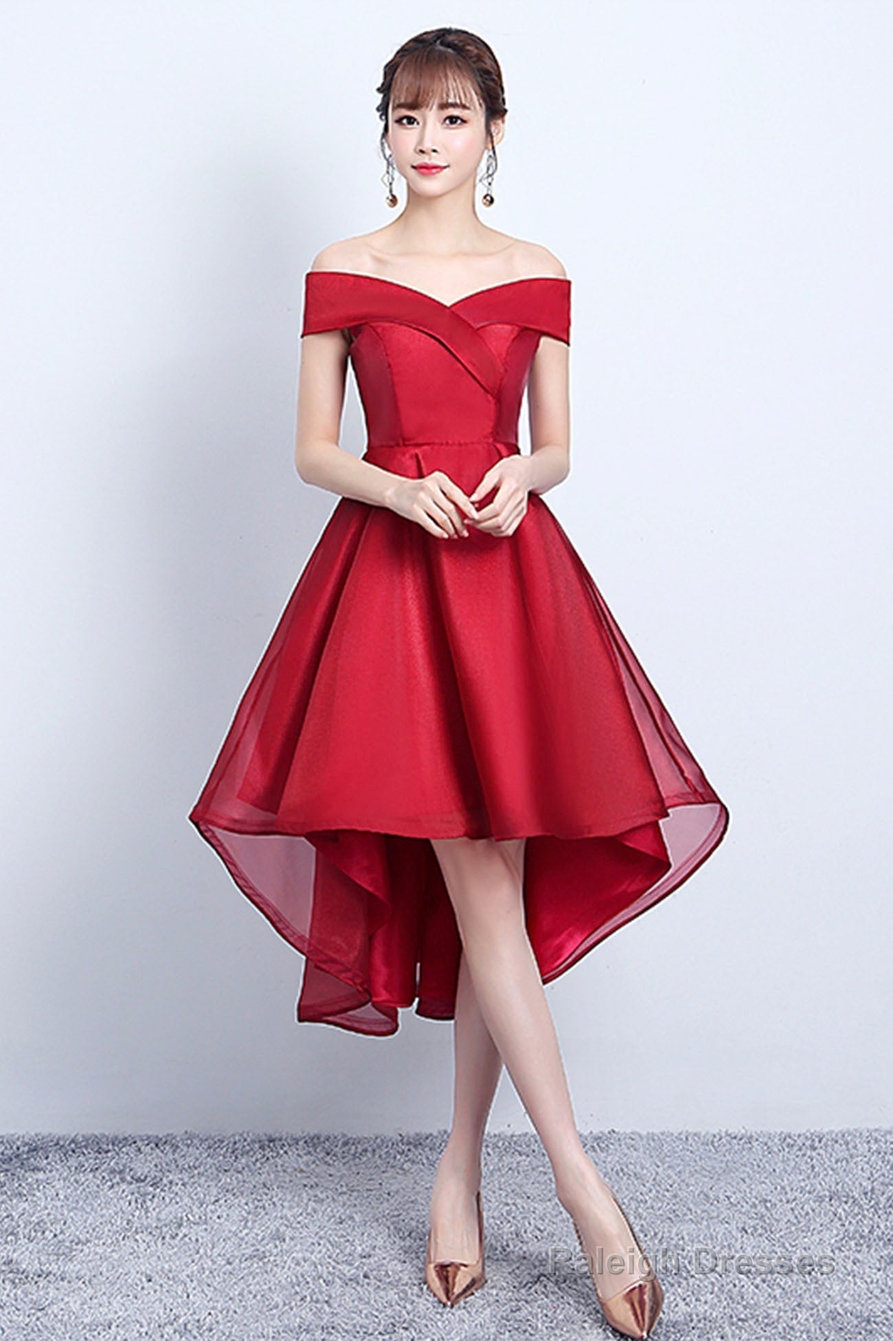 Red V-Neck Tulle High Low Prom Dress, Off The Shoulder Party Dress