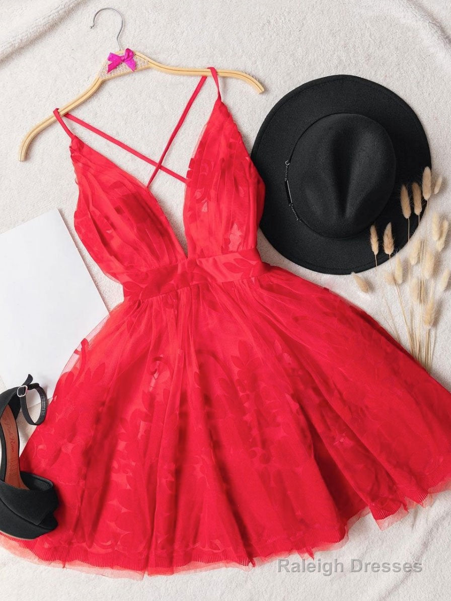 Red V Neck Tulle Lace Short Dresses Red Homecoming Dresses