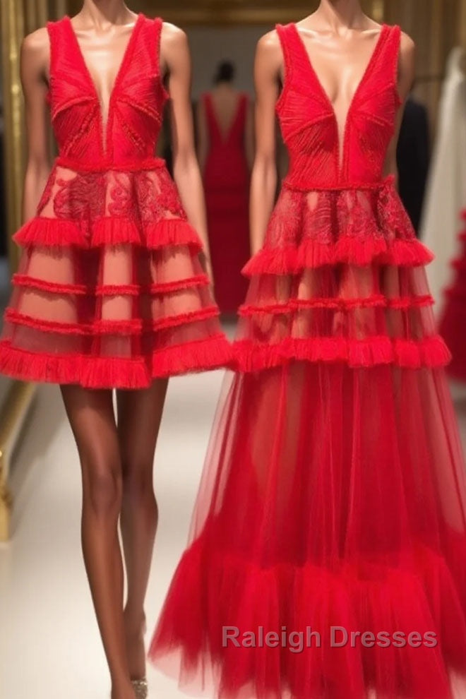 Red v neck tulle long prom dress, red tulle evening dress Main image