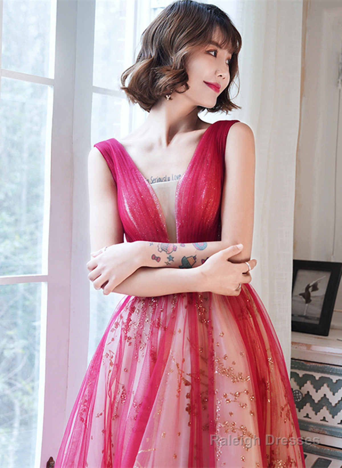 Red V-Neckline Tulle A-Line Long Prom Dress, Red Tulle Evening Dress Party Dress