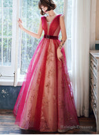 Red V-Neckline Tulle A-Line Long Prom Dress, Red Tulle Evening Dress Party Dress