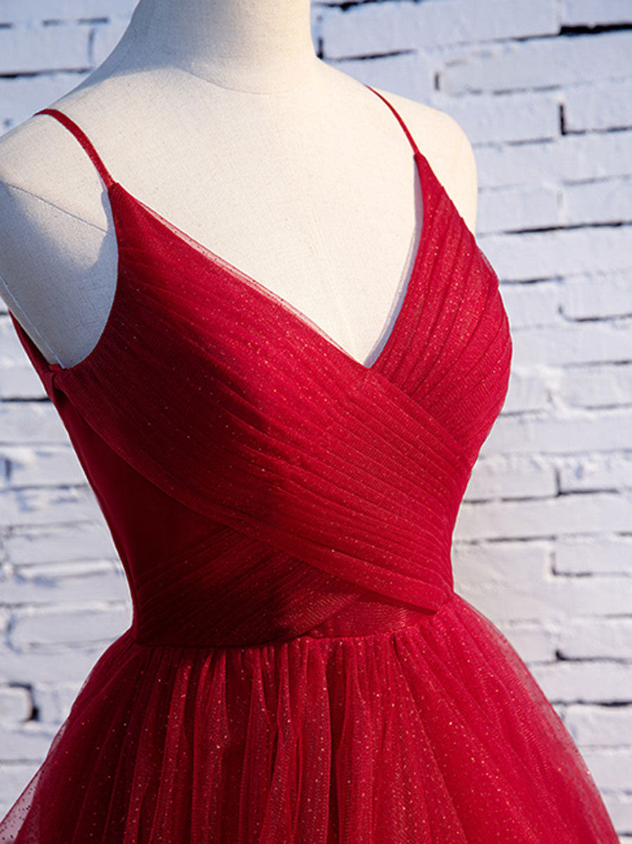 Red V-Neckline Tulle Straps Long Prom Dresses Red Layers Prom Dresses