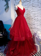 Red V-Neckline Tulle Straps Long Prom Dresses Red Layers Prom Dresses