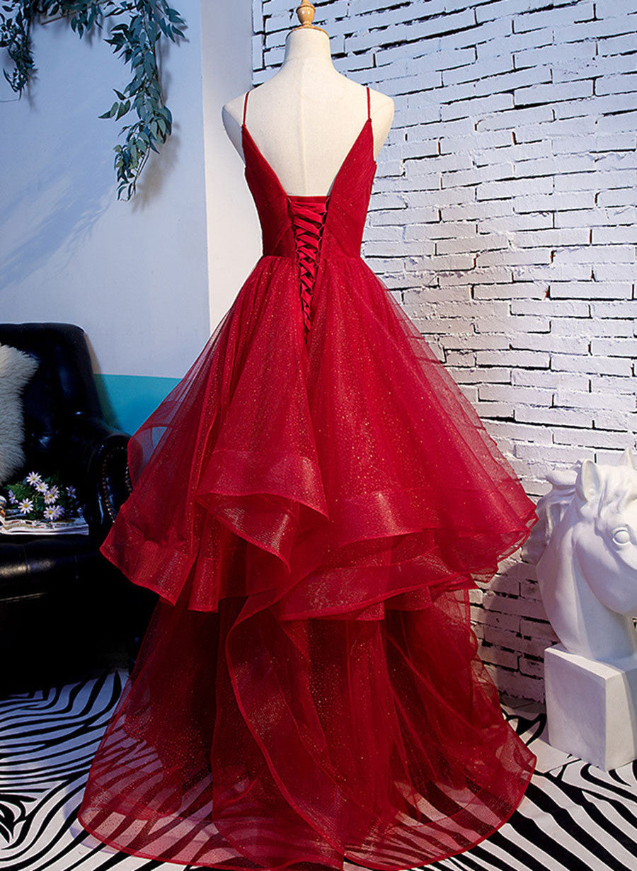 Red V-Neckline Tulle Straps Long Prom Dresses Red Layers Prom Dresses