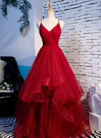 Red V-Neckline Tulle Straps Long Prom Dresses Red Layers Prom Dresses