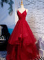 Red V-Neckline Tulle Straps Long Prom Dresses Red Layers Prom Dresses