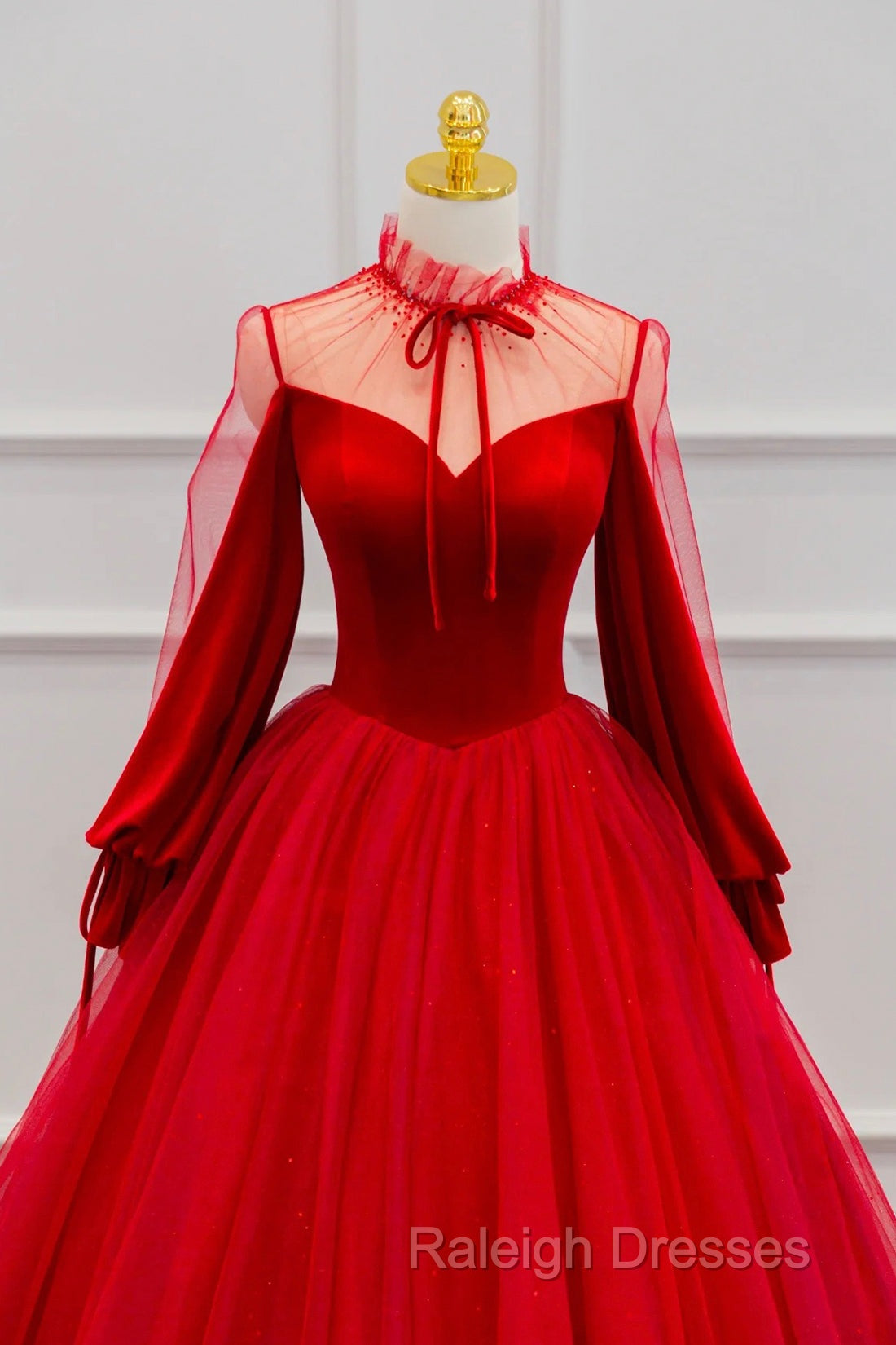 Red Velvet And Tulle Floor Length Prom Dress, Long Sleeve Beautiful A-Line Party Dress Secondary image