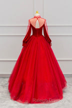 Red Velvet And Tulle Floor Length Prom Dress, Long Sleeve Beautiful A-Line Party Dress