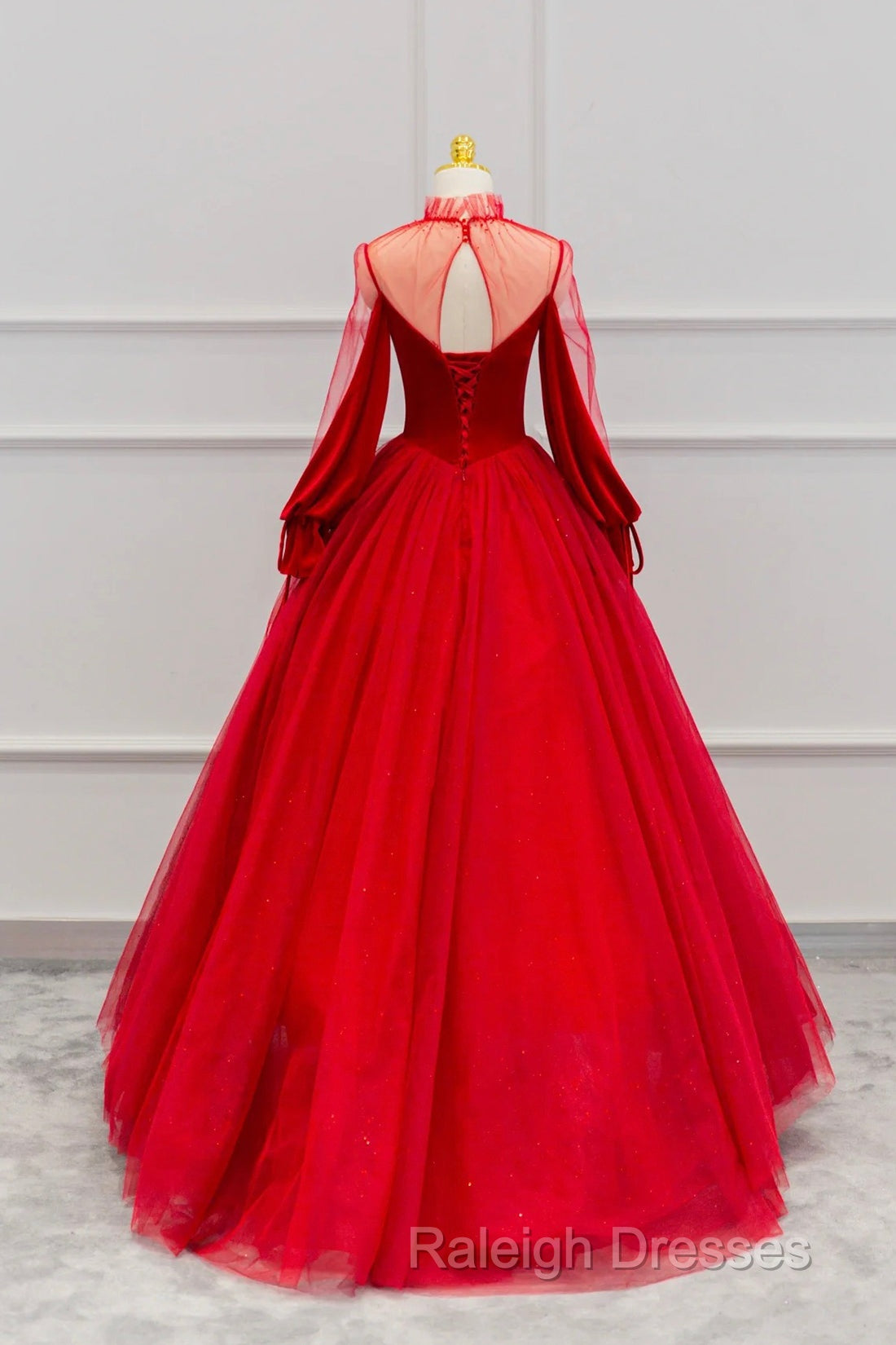 Red Velvet And Tulle Floor Length Prom Dress, Long Sleeve Beautiful A-Line Party Dress