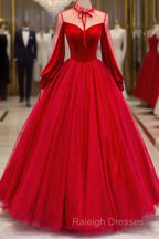Red Velvet And Tulle Floor Length Prom Dress, Long Sleeve Beautiful A-Line Party Dress