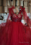 Red Velvet Modest Tulle Prom Eevning Dress