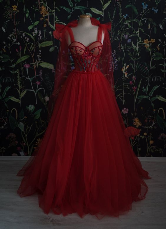 Red Velvet Prom Dress Tulle Evening Gowns Main image