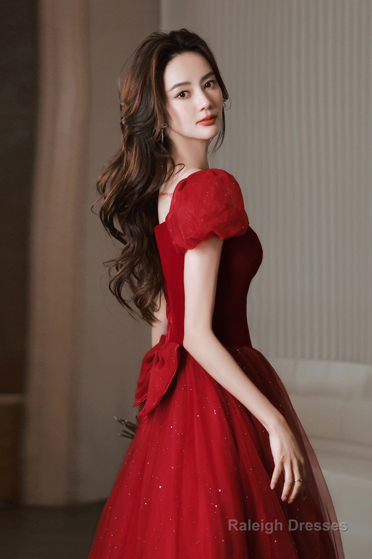 Red Velvet Tulle Long Prom Dress, Cute Short Sleeve Evening Dress Secondary image