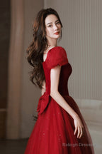 Red Velvet Tulle Long Prom Dresses Cute Short Sleeve Prom Dresses