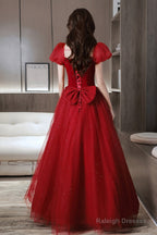 Red Velvet Tulle Long Prom Dresses Cute Short Sleeve Prom Dresses