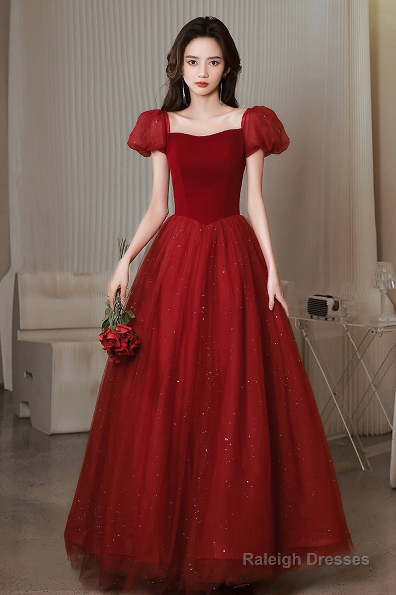 Red Velvet Tulle Long Prom Dress, Cute Short Sleeve Evening Dress