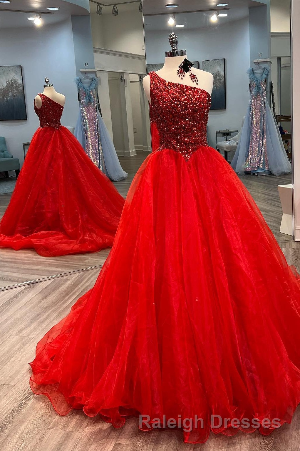 Blue Beaded One-Shoulder A-Line Long Prom Dress Secondary image