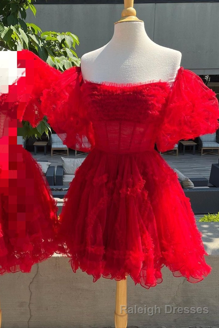 Red Tulle Puff Sleeves Ruffles Tulle Homecoming Dress Secondary image