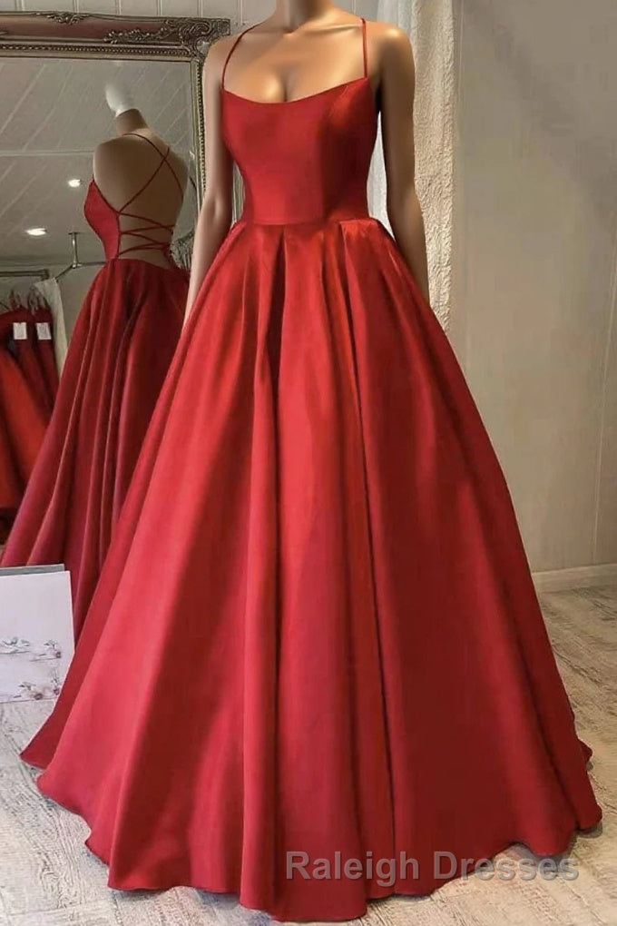 Red Satin Spaghetti Straps Long Prom Dress, Puffy Princess Formal Gown
