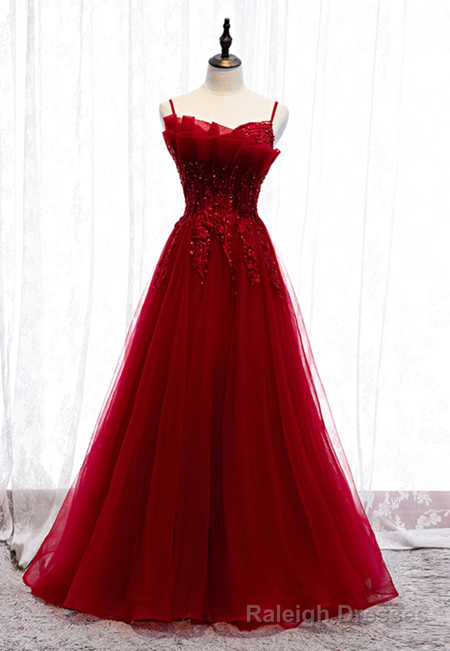 Burgundy Lace Long Prom Dresses, A-Line Spaghetti Strap Evening Dresses Secondary image