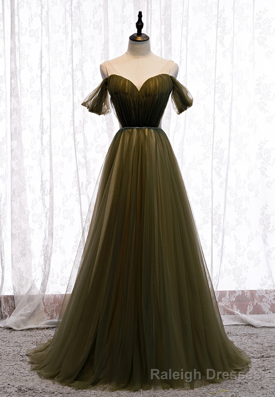 Green Tulle Long A-Line Prom Dresses, Off the Shoulder Evening Dresses Main image