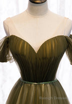 Green Tulle Long A-Line Prom Dresses, Off the Shoulder Evening Dresses