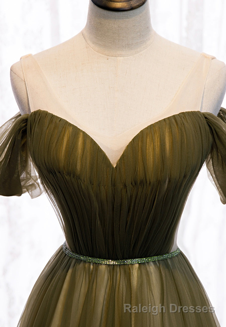 Green Tulle Long A-Line Prom Dresses, Off the Shoulder Evening Dresses