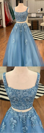 Regular Straps Tulle Appliques Lace Prom Dress