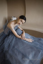 Gorgeous Blue Sparkly Tulle Beaded Prom Dress, Tiered Formal Gowns with Rhinestone