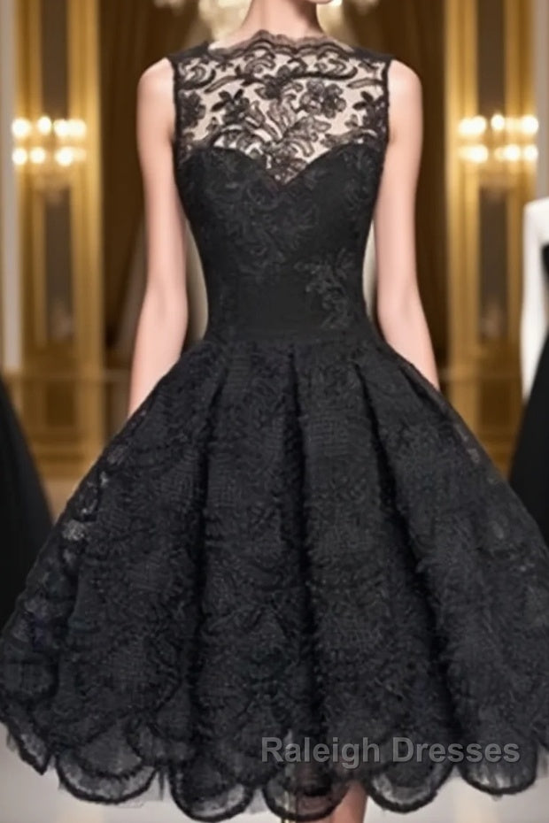 Retro A-line Black Lace Sleeveless Open Back Short Prom Dresses, Homecoming Dresses Main image