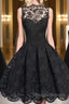 Retro A-line Black Lace Sleeveless Open Back Short Prom Dresses, Homecoming Dresses