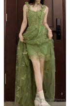 Retro A Line Spaghetti Straps Ankle Length Green Lace Prom Dresses Birthday Outfits