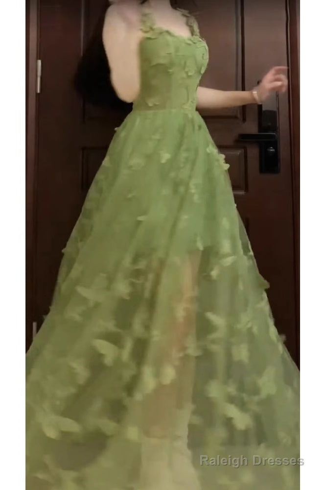 Retro A-Line Spaghetti Straps Ankle Length Green Lace Prom Dress Birthday Outfits