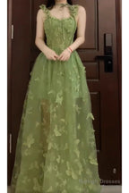 Retro A-Line Spaghetti Straps Ankle Length Green Lace Prom Dress Birthday Outfits