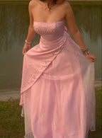 Retro A-Line Strapless Pink Chiffon Long Prom Dresses Prom Dress