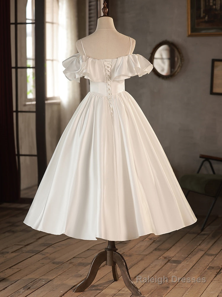 Retro A-Line Tea Length Ivory Prom Dress, White Wedding Party Dress