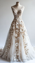 Retro A-Line V-Neck Tulle 3D Applique Wedding Dresses Simple Beaded Ball Gowns