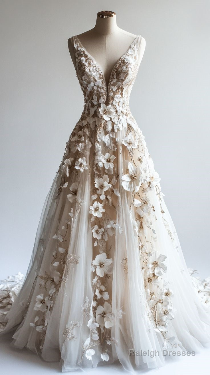 Retro A-Line V-Neck Tulle 3D Applique Wedding Dresses Simple Beaded Ball Gowns Main image