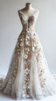Retro A-Line V-Neck Tulle 3D Applique Wedding Dresses Simple Beaded Ball Gowns
