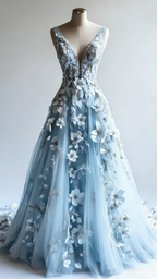 Retro A-Line V-Neck Tulle 3D Applique Wedding Dresses Simple Beaded Prom Gowns