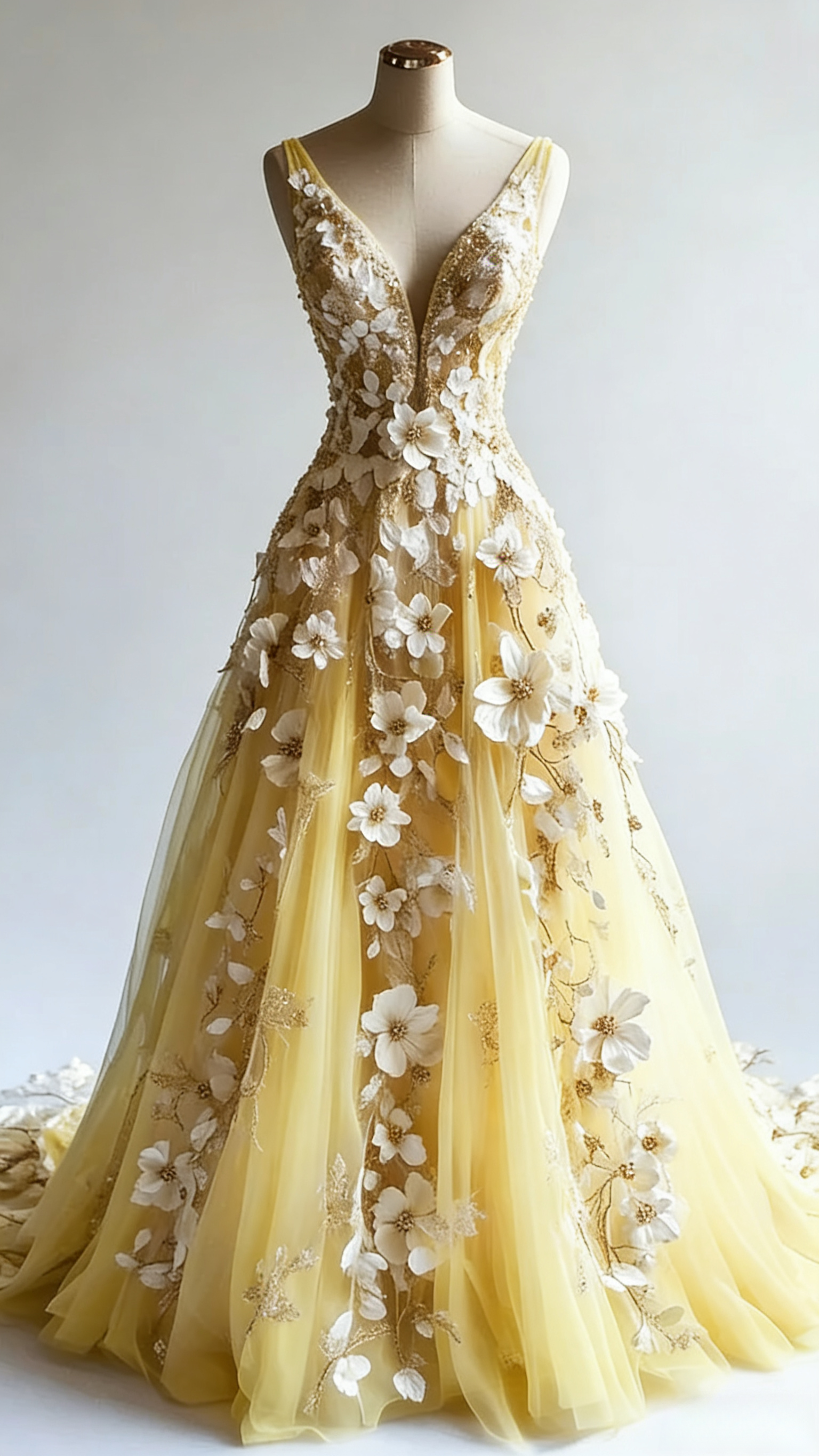 Retro A-Line V-Neck Tulle 3D Applique Wedding Dresses Simple Beaded Prom Gowns