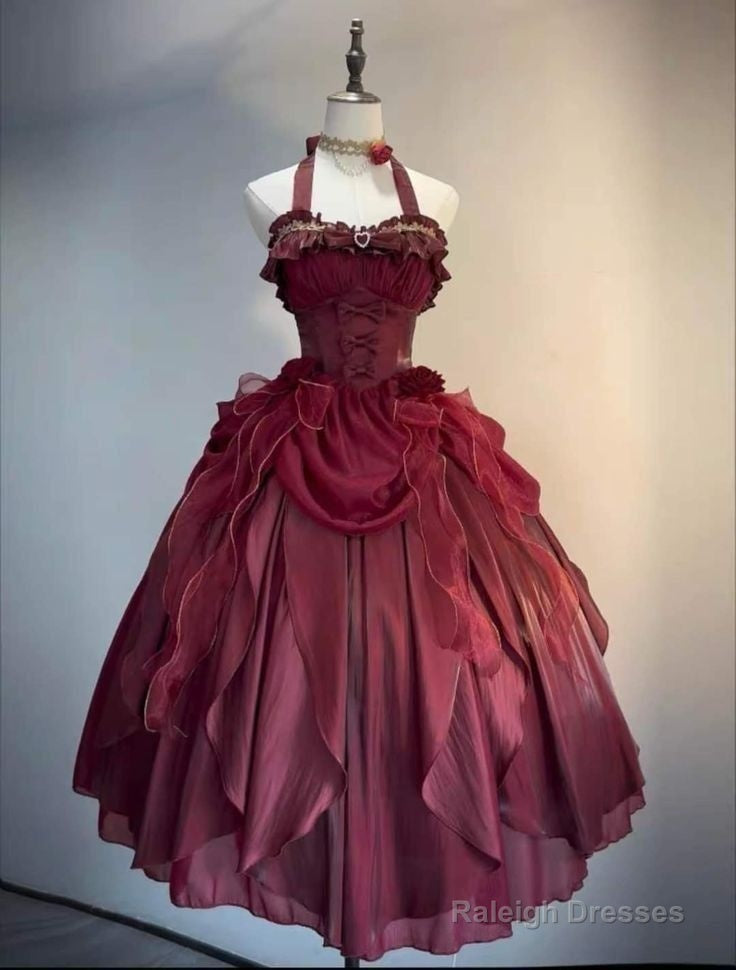 Retro Ball Gown Halter Burgundy Party Dress Prom Dresses Evening Dress Main image