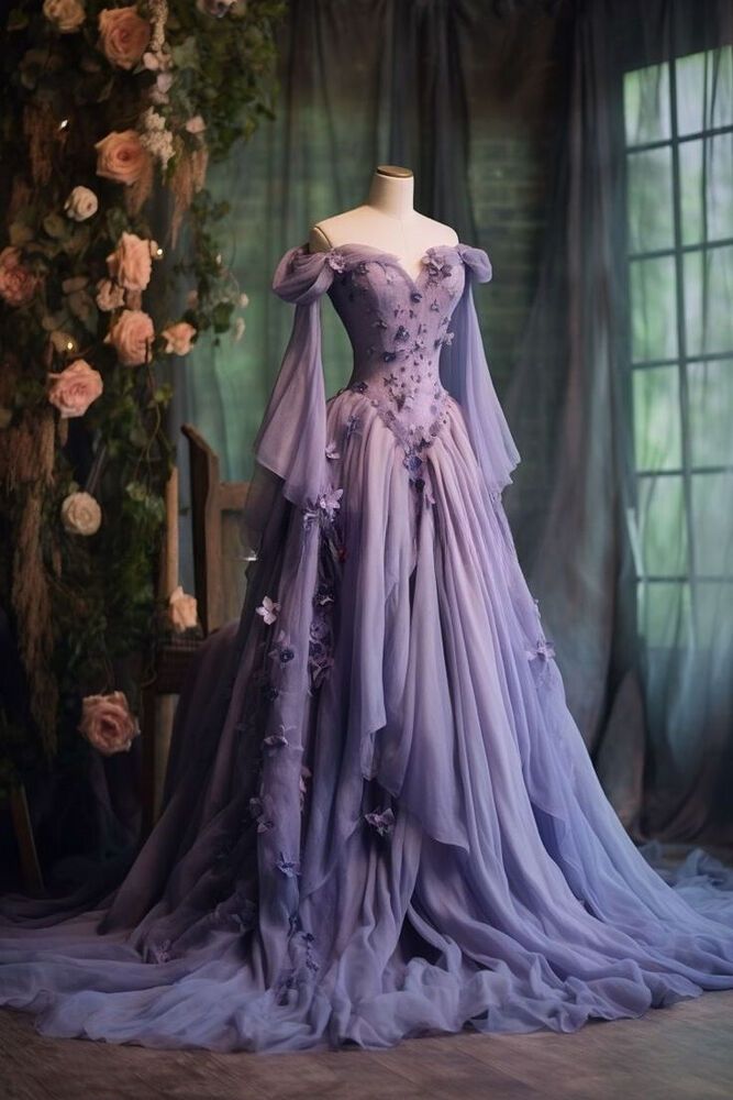Retro Ball Gown Off The Shoulder Lilac Tulle Flowers Evening Dress Prom Dresses Main image
