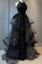Retro Ball Gown Scoop Neckline Black Tulle Party Dress Prom Dresses Evening Dress