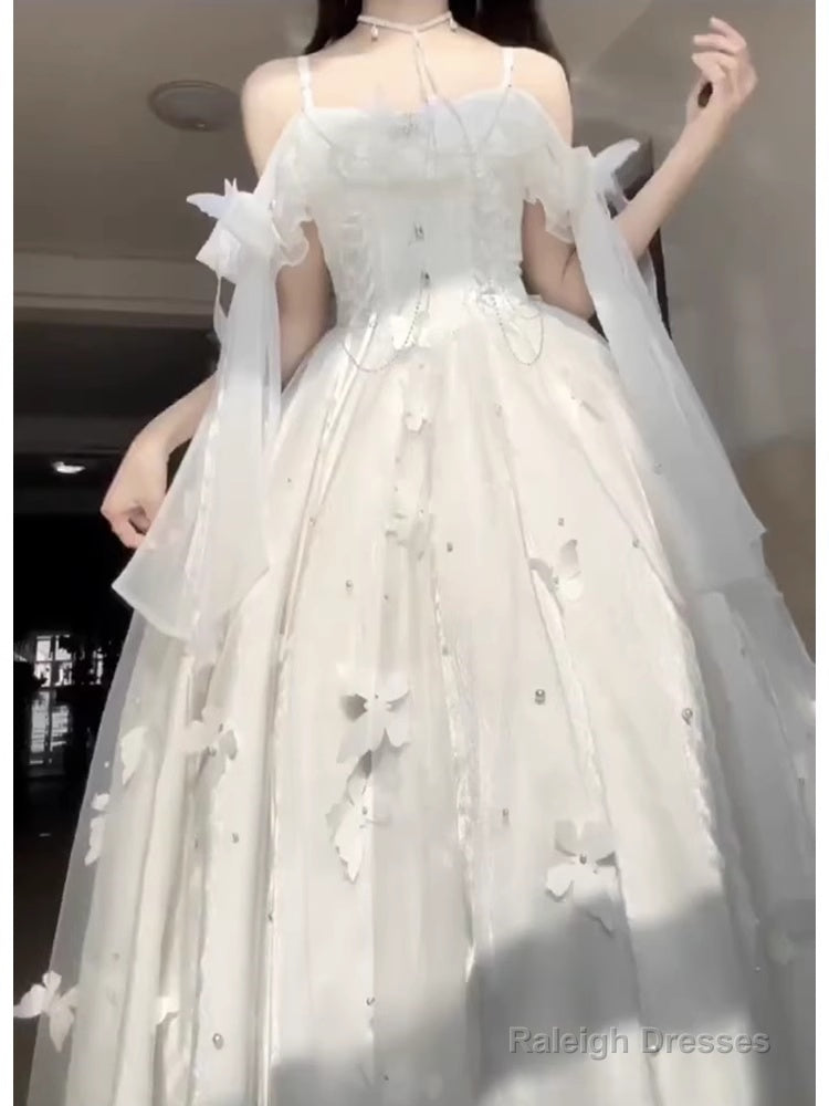 Retro Ball Gown Spaghetti Straps Ankle Length White Prom Dresses Birthday Outfits With Lace