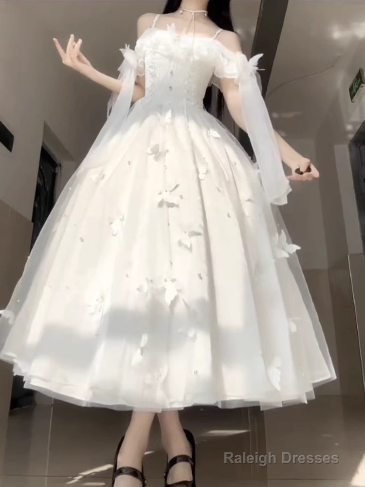 Retro Ball Gowns Spaghetti Straps Ankle Length White Prom Dress Birthday Outfits With Lace