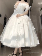 Retro Ball Gown Spaghetti Straps Ankle Length White Prom Dresses Birthday Outfits With Lace
