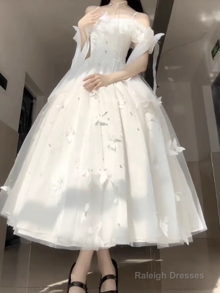 Retro Ball Gowns Spaghetti Straps Ankle Length White Prom Dress Birthday Outfits With Lace