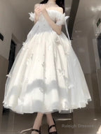 Retro Ball Gown Spaghetti Straps Ankle Length White Prom Dresses Birthday Outfits With Lace